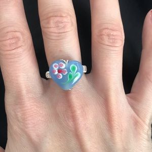 Silver Wire Ring with Hand-Painted Heart Bead